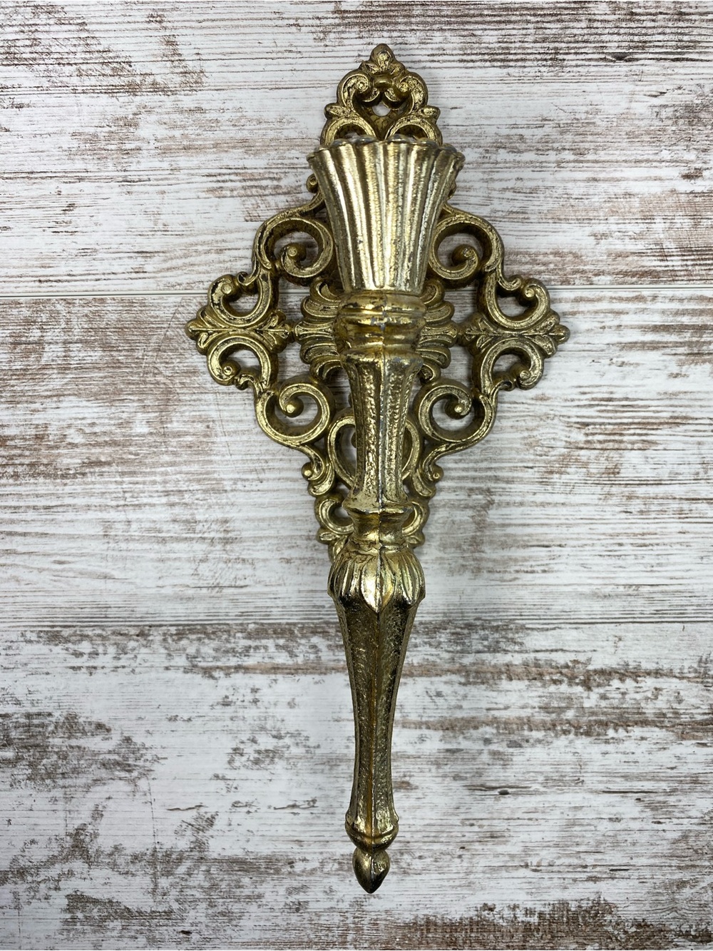 Vintage Ornate Rococo Gold-Tone Cast Metal Wall Candle Sconce